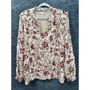 Spartina 449 Popover Blouse Womens 2XL Cream Pink Floral Long Sleeve Boho Beachy